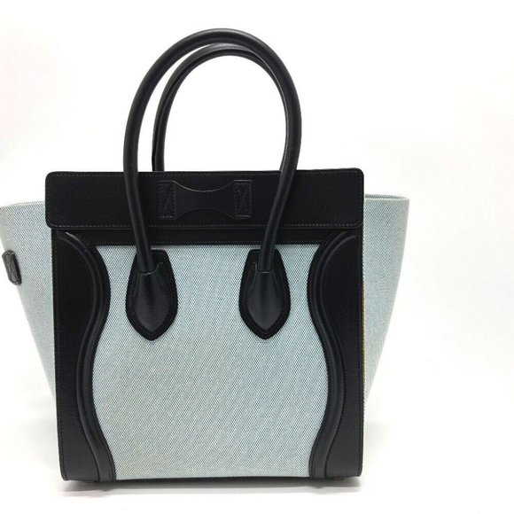 AUTHENTIC CELINE 167792 Luggage micro Shopper Hand Bag Leather/Canvas Blue x Bla - Picture 2 of 6